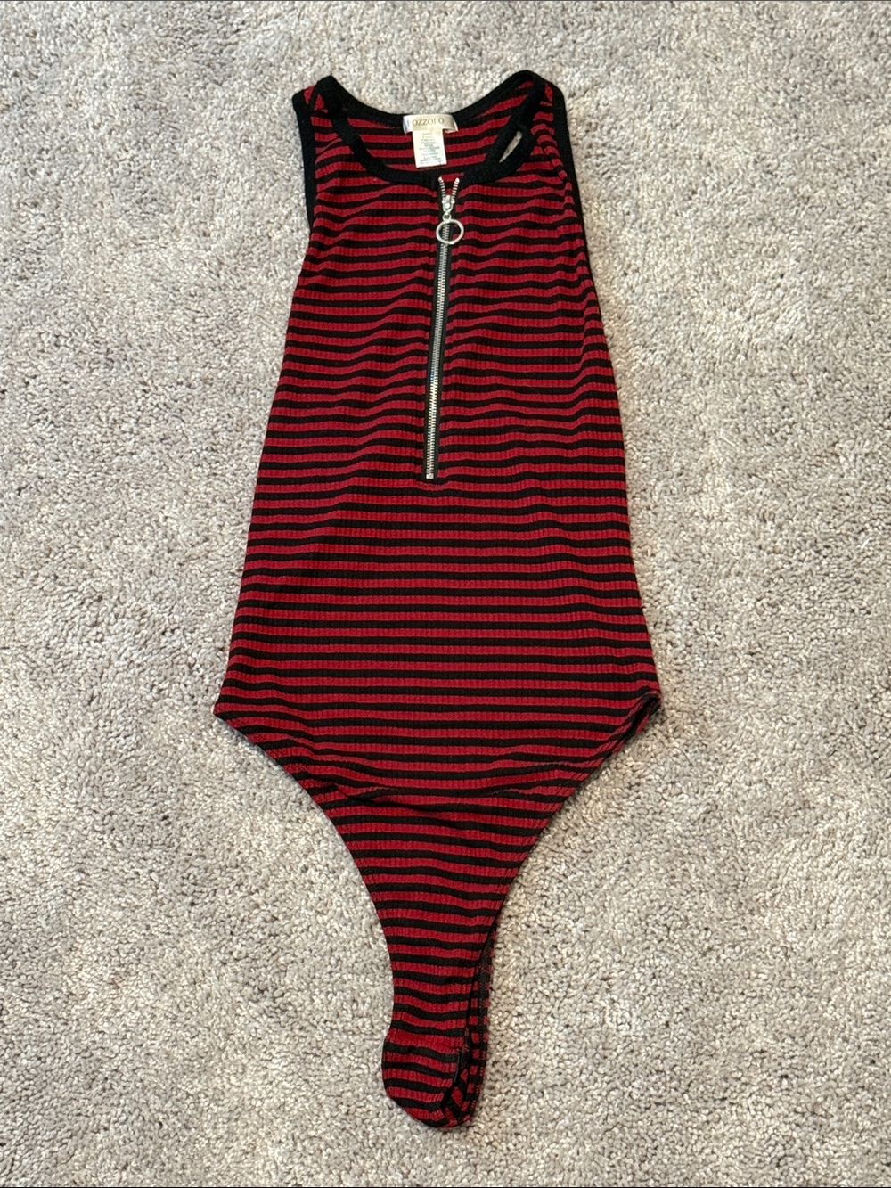 Bozzolo Red and Black Striped Ribbed Bodysuit with Front Zip